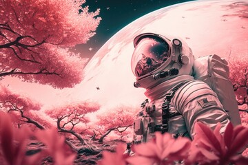 The Heavenly Charm of the Pinkish Planet, a Mesmerizing View of Astronaut amidst the Blossoming Sakura Trees and Azure Hues of the Sky  Generative AI	