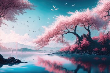 The Mesmerizing Charm of the Pinkish Sakura Trees, a Captivating Sight of Delicate Blossoms amidst the Majestic Scenery of the Bluish Sky  Generative AI	