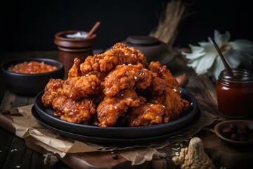 Crispy fried chicken coated in a sweet and spicy Korean sauce. Generative AI