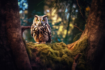 An owl sitting on a tree in a forest. Created with Generative AI.