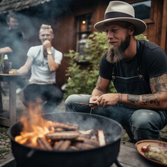  The Art of Grilling: Men Enjoying BBQ with Beer
