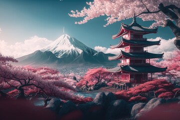 Fototapeta premium The Serene Pink Sakura Trees, a Calming View of Natural Beauty and Elegance with the Backdrop of Mt Fuji and the Azure Generative AI 