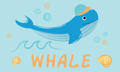 Funny whale in a cap with a painted name