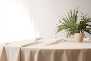 Create an elegant and fresh vibe with this soft beige cotton tablecloth, featuring a tropical dracaena tree in sunlight on a white wall background, created with Generative AI