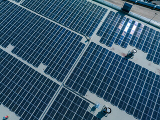 Close-up of Solar cell farm power plant eco technology. Landscape of Solar cell panels in a photovoltaic power plant. Concept of sustainable resources and renewable energy.blue tone.