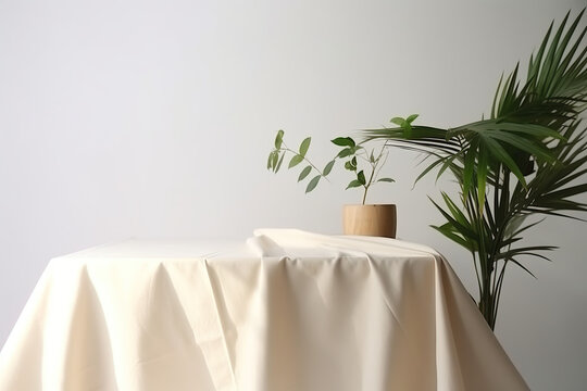 Create an elegant and fresh vibe with this soft beige cotton tablecloth, featuring a tropical dracaena tree in sunlight on a white wall background, created with Generative AI