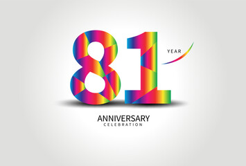 81 Year Anniversary Celebration Logo colorful vector, 81 Number Design, 81th Birthday Logo, Logotype Number, Vector Anniversary For Celebration, Invitation Card, Greeting Card. logo number Anniversary