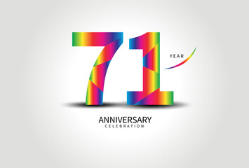 71 Year Anniversary Celebration Logo colorful vector, 71 Number Design, 71th Birthday Logo, Logotype Number, Vector Anniversary For Celebration, Invitation Card, Greeting Card. logo number Anniversary