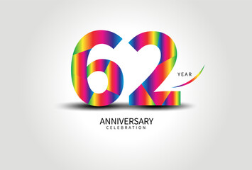 62 Year Anniversary Celebration Logo colorful vector, 62 Number Design, 62th Birthday Logo, Logotype Number, Vector Anniversary For Celebration, Invitation Card, Greeting Card. logo number Anniversary
