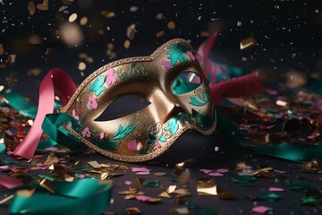 Carnival mask with green and pink glitter on gold foil background with confetti and streamers. Generative AI