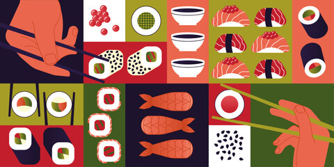 Sushi pattern. Background with japanese food, salmon, tuna, caviar, rice.