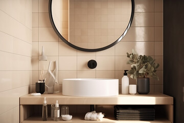 Obraz na płótnie Canvas Vanity Counter with whiteceramic washbasin and modern style faucet in a bathroom with morning sunlight and shadow. Blank space for products display mockup, created with Generative AI