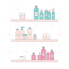 Color cartoon cosmetic bottles, jars on stand rack. Bright body, face cream tubes, cleanser, soap for bath, oil scrub, lotion facial gel vector illustrations
