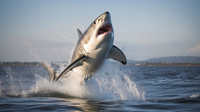 white shark jumping out of water. Generative AI