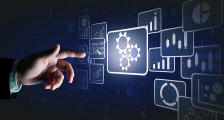 Operations management involving business process and workflow, quality control. problem solving, high performance, monitoring and evaluation, Concept with manager touching gears and icons.. 