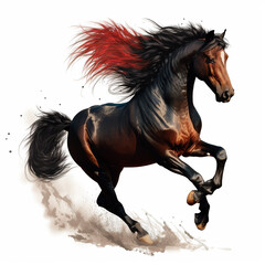 A black horse with a red mane gallops on a white background close-up, beautiful illustration, lovely wallpaper, ai generative