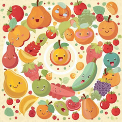 Background of funny fruits and vegetables in cartoon style, for advertising and packaging design, ai generative