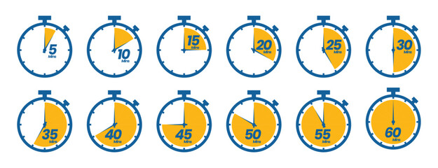 Timer stopwatch icon set. Set of sport stopwatch icons. Isolated vector on a white background. stock illustration