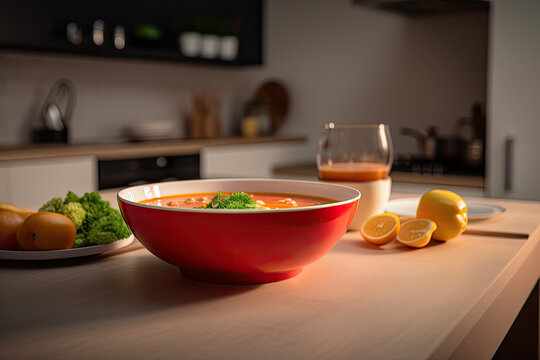  Traditional spanish gazpacho soup in bowl with ingredients on wooden table and kitchen background. Ai generative