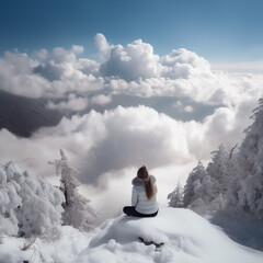 Woman in white clothes meditates on the top of a high mountain above the clouds, philosophical illustration, ai generative