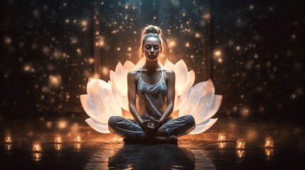 Woman in meditation. Lotus flower
