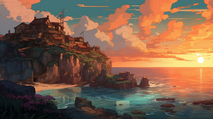 An animation of a cliff and a sunset. Japanese style. Generative AI. #8