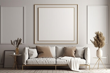 Living room interior with set of three frames poster mockup, wall and sofa, render 3D, created with Generative AI