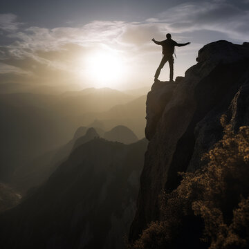 A man stands on the edge of a high cliff against the backdrop of sunset and rejoices raising his hands up, backlighting, ai generative