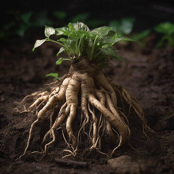 Magic mandrake root, close-up isolated on black, an attribute of witches and sorcerers, ai generative