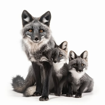Silver fox with cubs isolated on white close-up, beautiful furry animal, ai generative