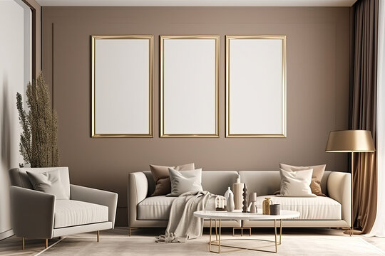 Living room interior with set of three vertical frames poster mockup, wall and sofa, render 3D, created with Generative AI