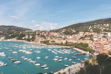 Fototapeta na wymiar Top view of the town of Lerici and the harbor. Ligurian coast of Italy. Copy space