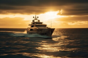 Fototapeta na wymiar Expensive boat in the ocean or sea during sunset. Generative AI.