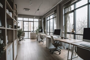 Fototapeta na wymiar Bright office interior with copy space. Generative AI