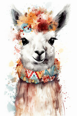 Cute watercolor lama. Illustration AI Generative.