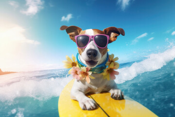 Obraz na płótnie Canvas Dog jack russell surfing the wave Illustration AI Generative.