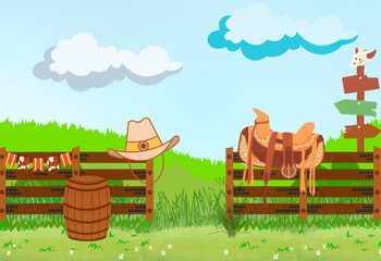 Wild West concept. Illustration. Scenery. Ranch Various objects. Cowboy theme. Boots, Hand drawn colorful vector set. Cartoon flat illustration. Beige background.