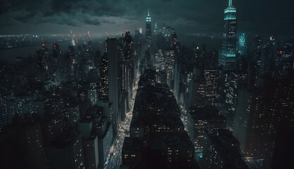 New York City at Night time, lights and dark onimous scary cityscape beauty