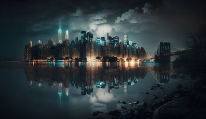 Fototapeta na wymiar New York City at night time cityscape shot, stormy sky reflection of city, blue and gold lighting