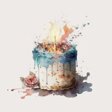 Watercolor Birthday cake isolated. Illustration AI Generative.