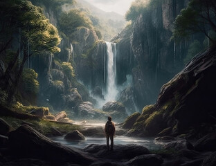 Beautiful Waterfall Seen, Person Traveling, Wanderlust, Background, Graphical Resource, Nature Scenery. Generative AI 