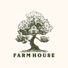 farm illustration house graphic tree design vintage