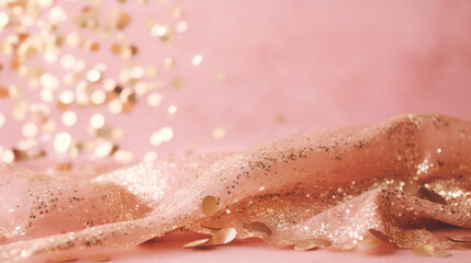 Fototapeta premium Pink background with golden confetti. Illustration AI Generative.