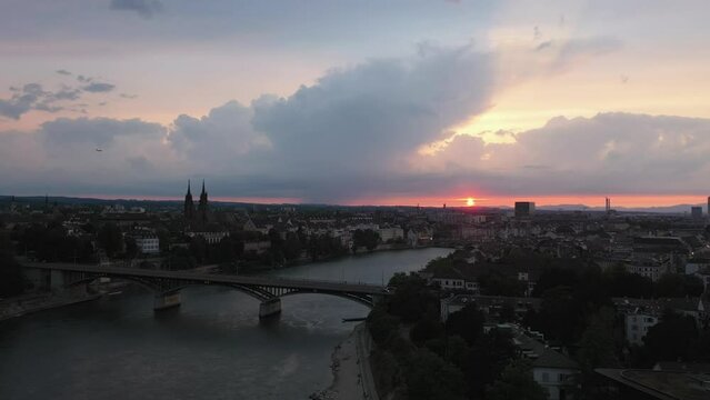 Sunset over the Rhine. Switzerland, Basel.