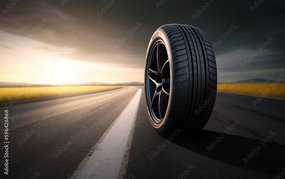 Wall mural Summer car tire isolated on road. Generative AI