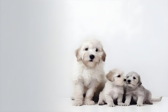 Background of a dog mother with her cute puppies. White Background. Wallpaper illustration. Front View with copy space for text information or content. Pet's mother, pet family. Generative AI.