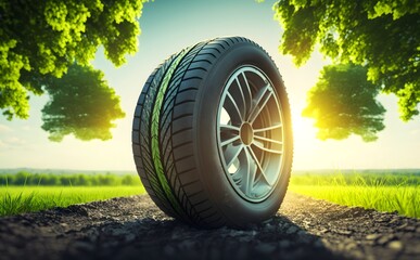 Summer tire on road with greenery. copy space. Generative AI