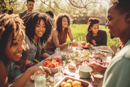 Group of young and happy people having lunch at the beautifully decorated table with healthy food in the garden, AI generative art