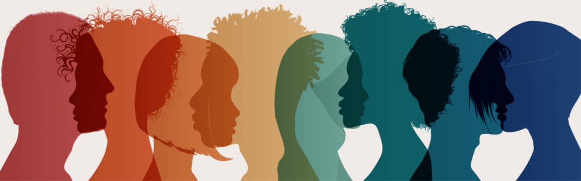 Silhouette profile face group of men and women of diverse culture. People diversity. Racial equality anti-racism concept. Social inclusion.Gender equality.Multicultural society. Community