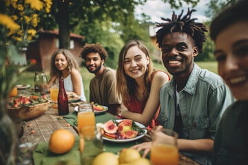 Group of young and happy people having lunch outdoors